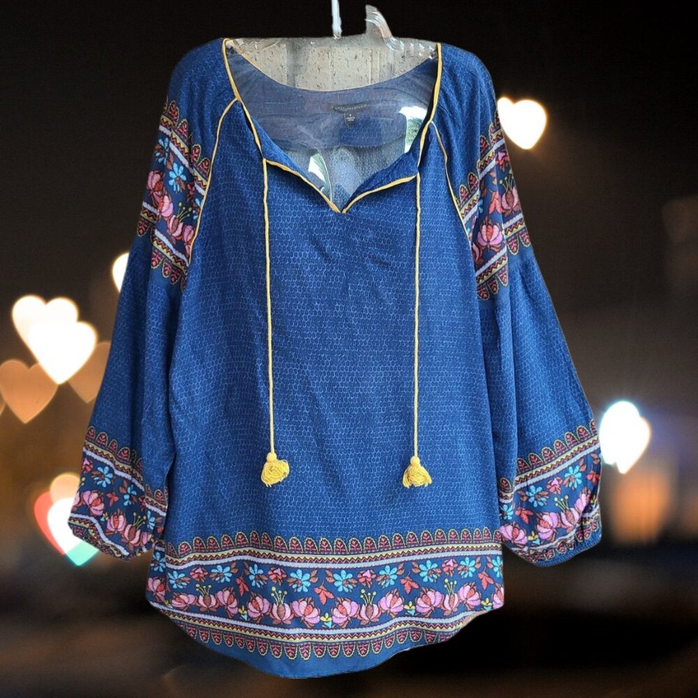Signature Studio Women's Peasant Boho Top Blouse Front Tie w/Tassels Blue Size S